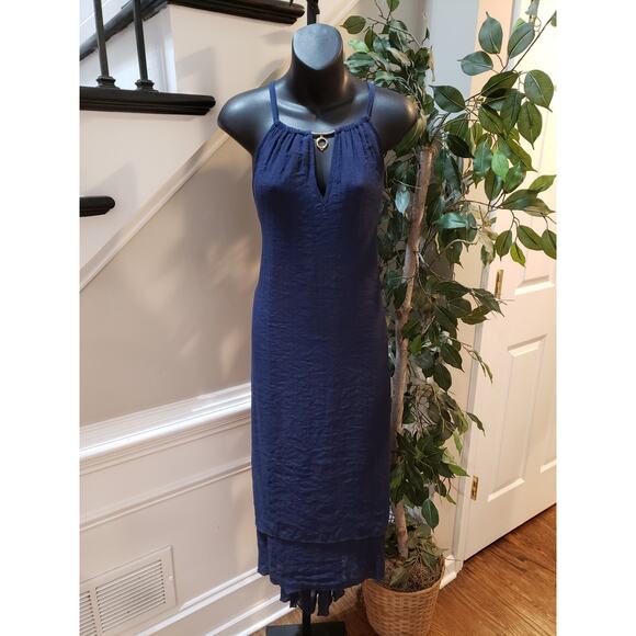 Mlle Gabrielle Maxi Dress Women's Size 2X Blue Rayon Keyhole Hi-Low Sleeveless - Picture 1 of 12